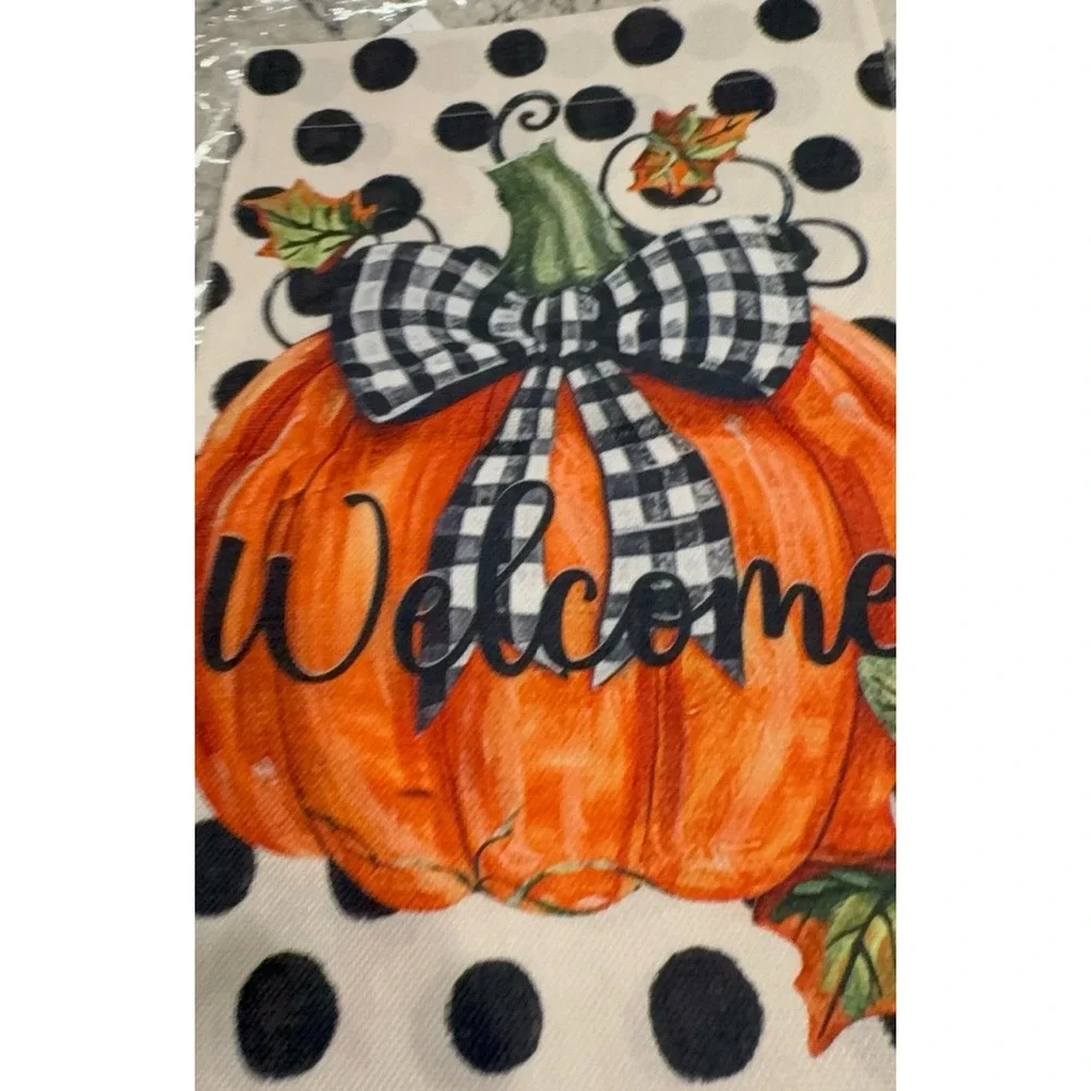 NEW Fall burlap garden flag with pumpkins & black/cream polka dots